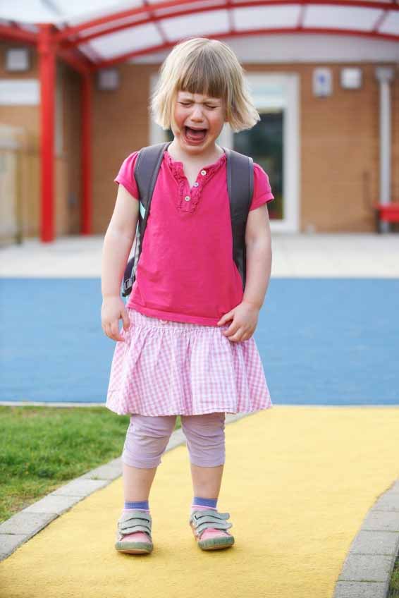 Little Crying Girl Standing Outside Pre School Building